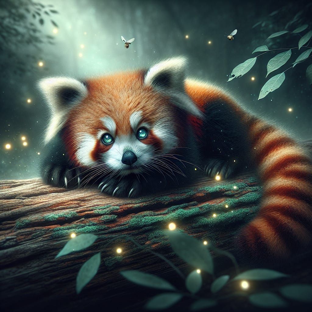 Enchanting Red Panda with Fireflies in Digital Art