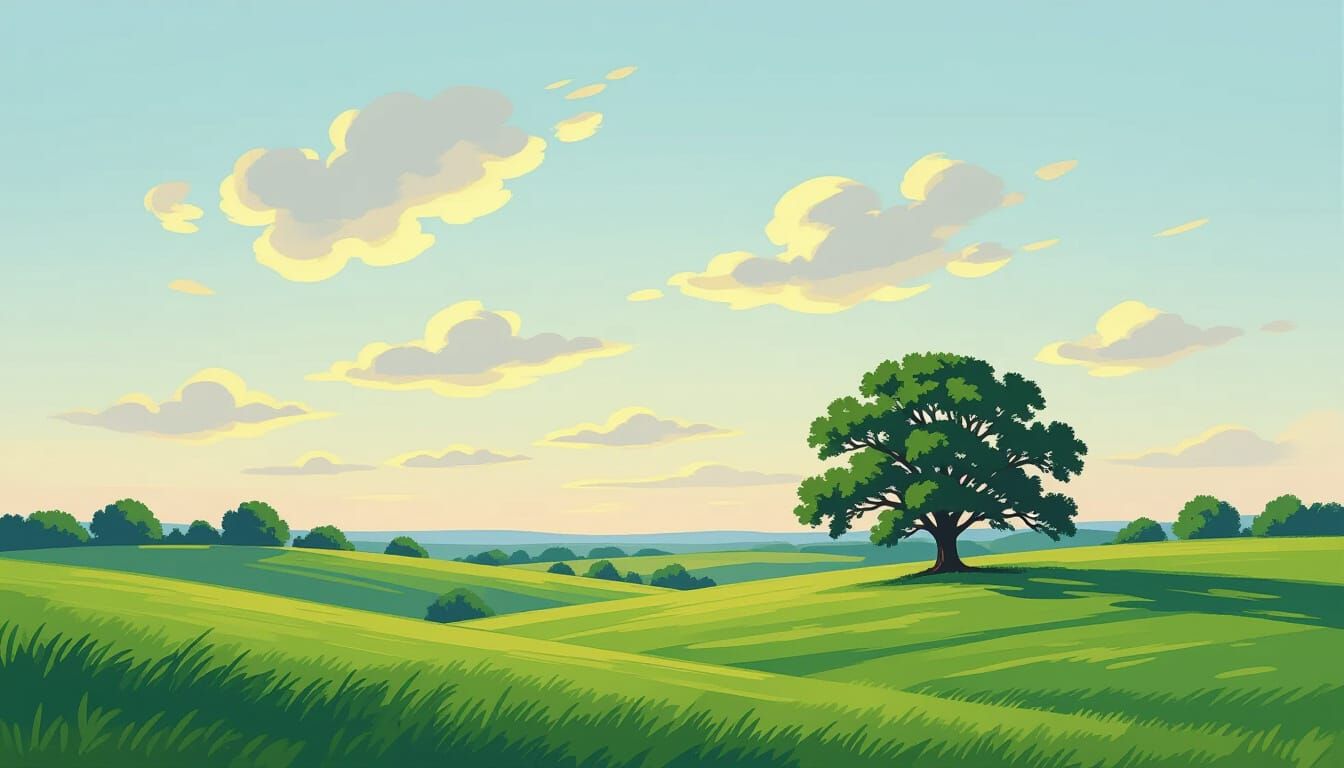 Serene Landscape with Ancient Oak Tree at Sunset