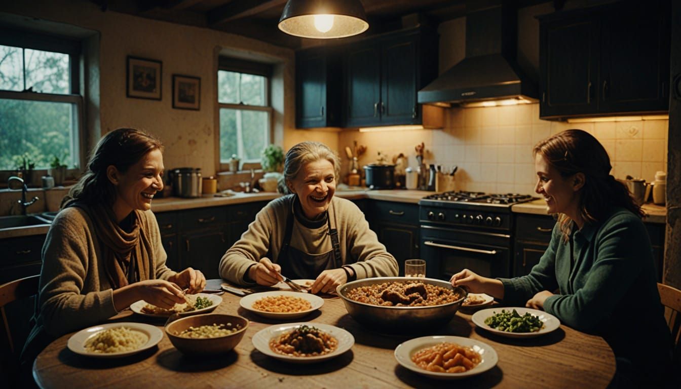 Joyful Family Meal in War-Torn Bosnian Kitchen