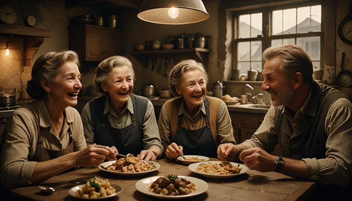 Family Meal in War-Torn Kitchen, European Film Style