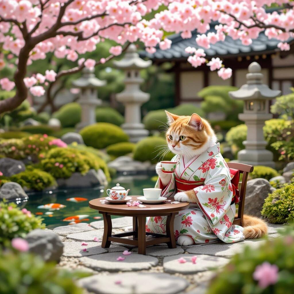 Ginger Cat Enjoys Tea Amidst Cherry Blossoms