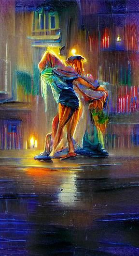 Couple Dancing in Neon Rain, Hyperrealistic Watercolor