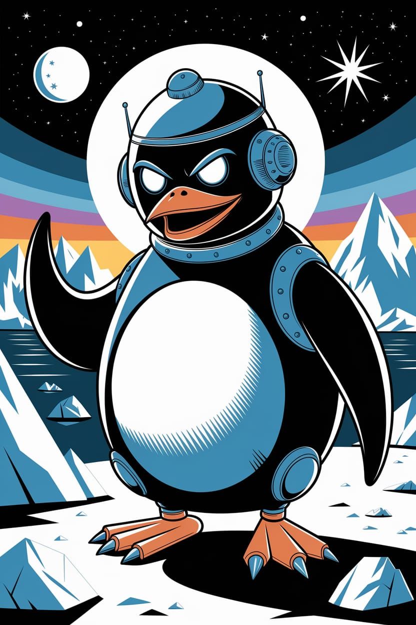 Cyberpunk Penguin Robot in Frozen Landscape