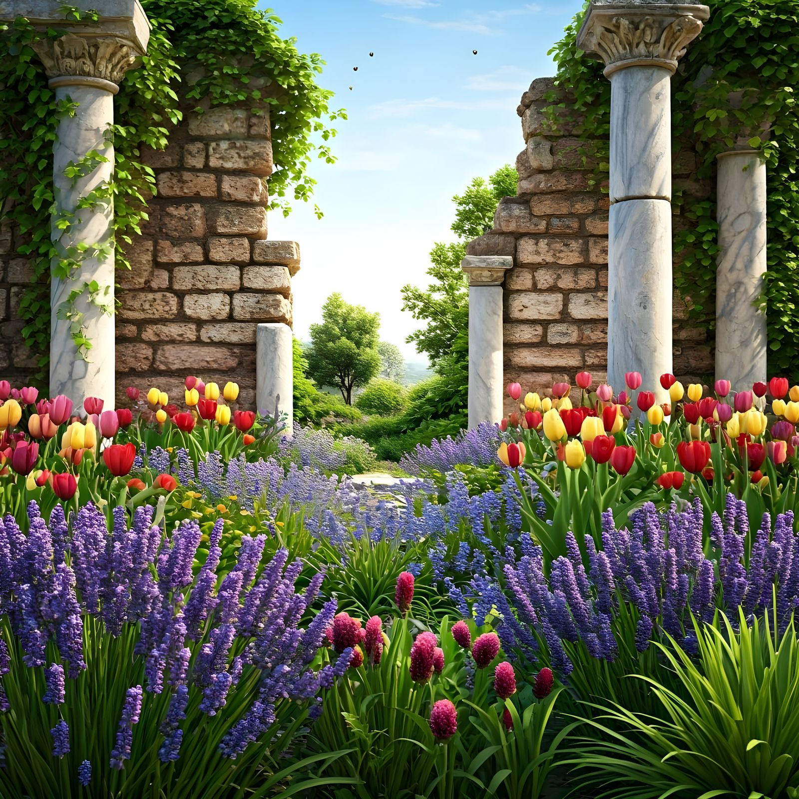 Ancient Greek Garden Blooms Amidst Ruins in Vibrant Colors