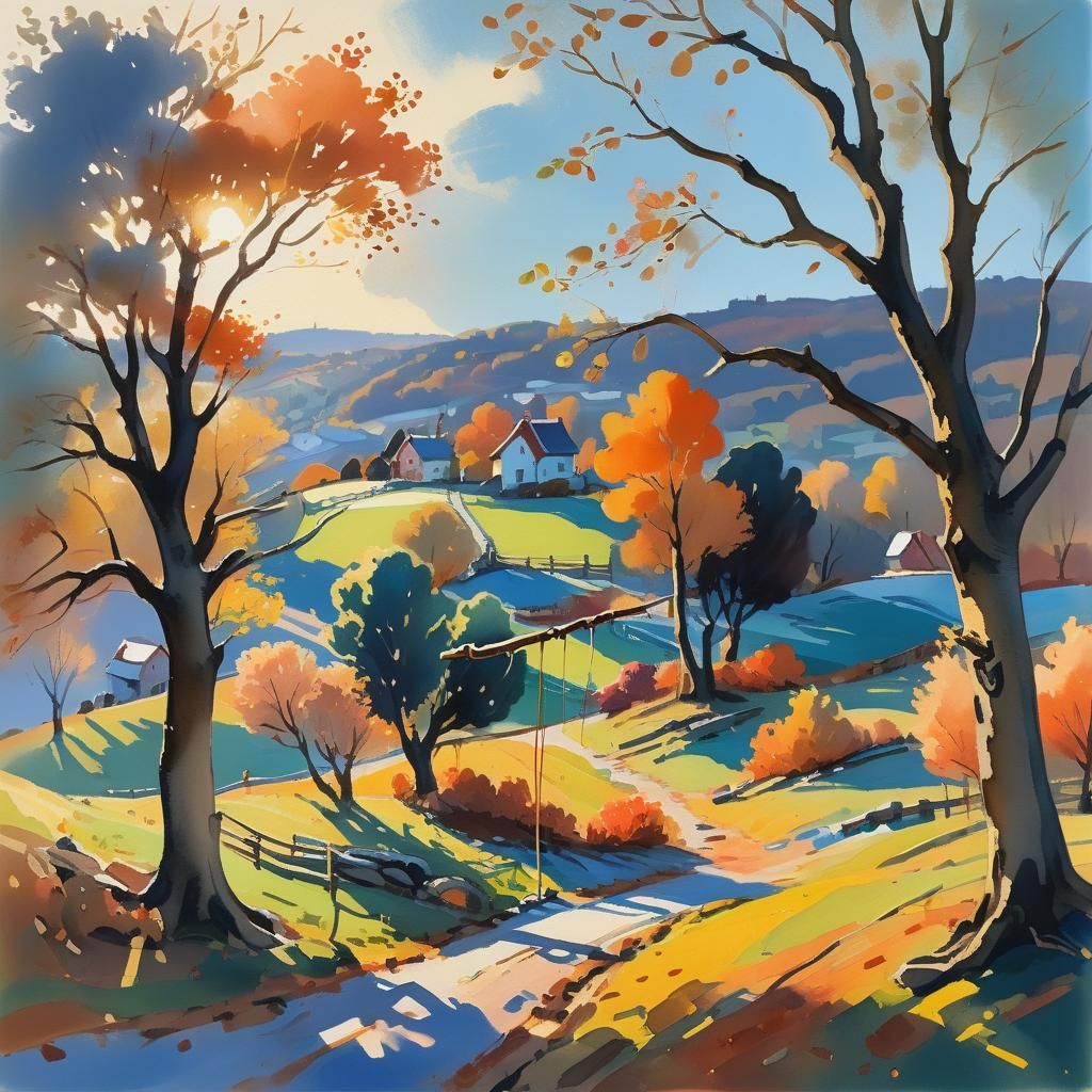 Impressionist Village with Swing in Golden Light