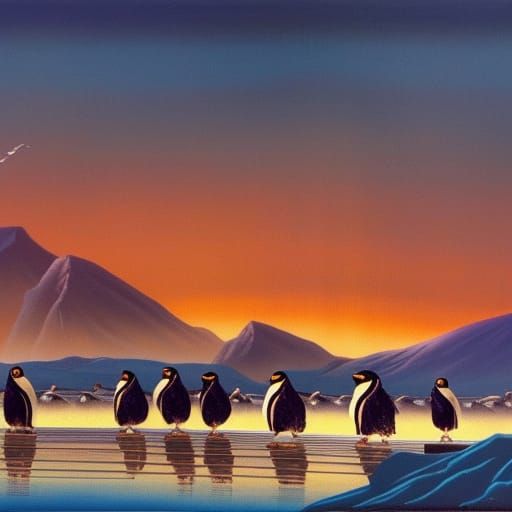 Surreal Penguin March Under Red Sky