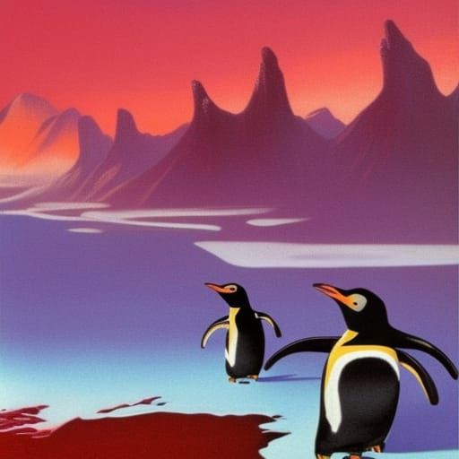 Penguins Marching Under Red Sky: Surrealist Propaganda
