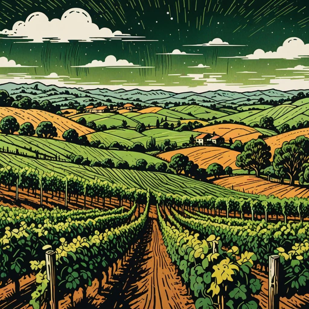 Lino cut  australian vinyard