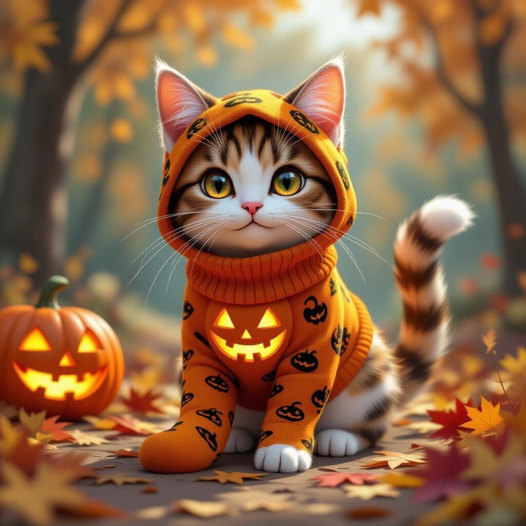 Cat in Jack-o'-Lantern Socks: 3D Anime Art