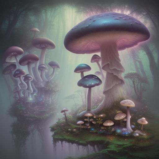 Ethereal Mushroom in a Misty Fantasy Landscape