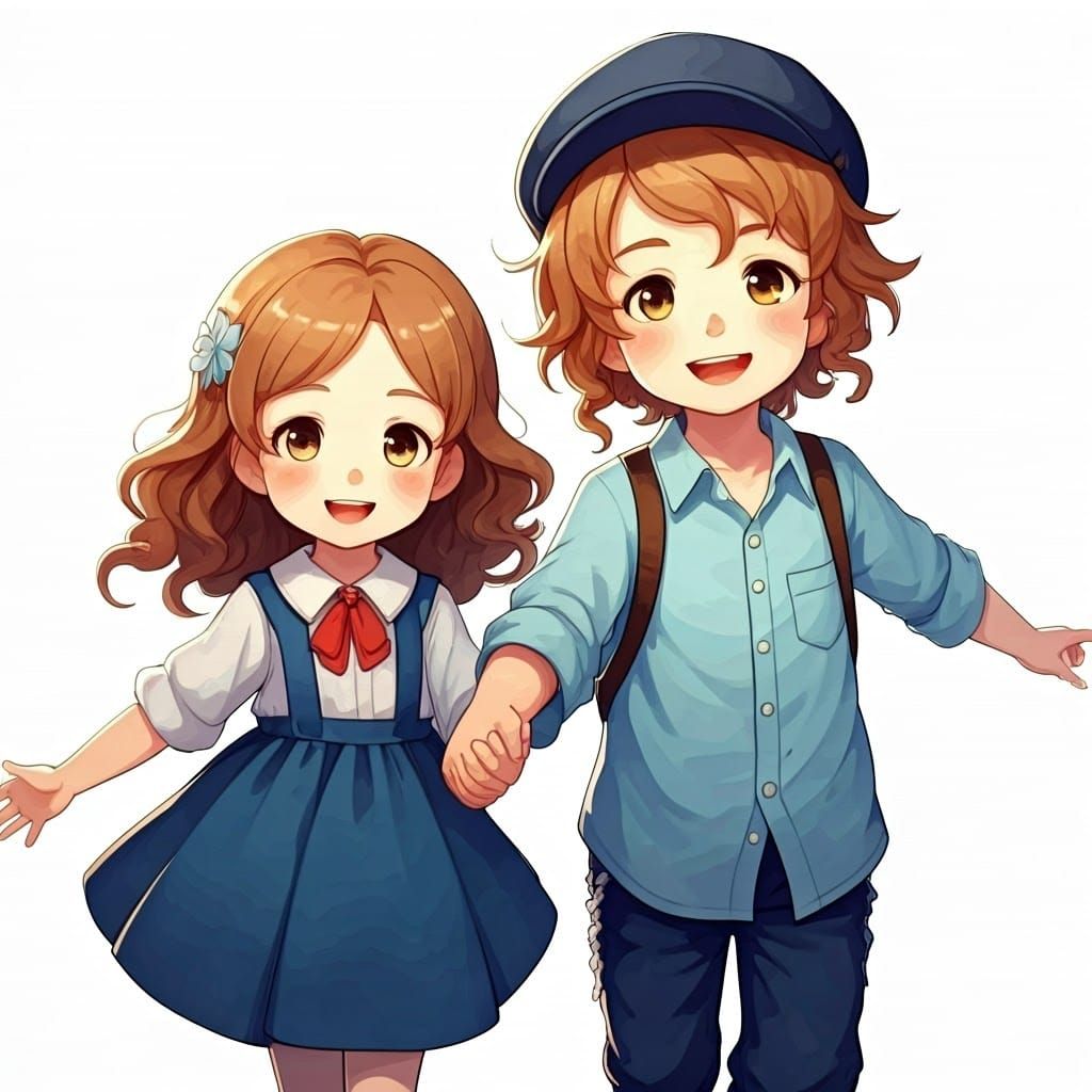 Cheerful Children Walking: 3D Anime Oil Painting