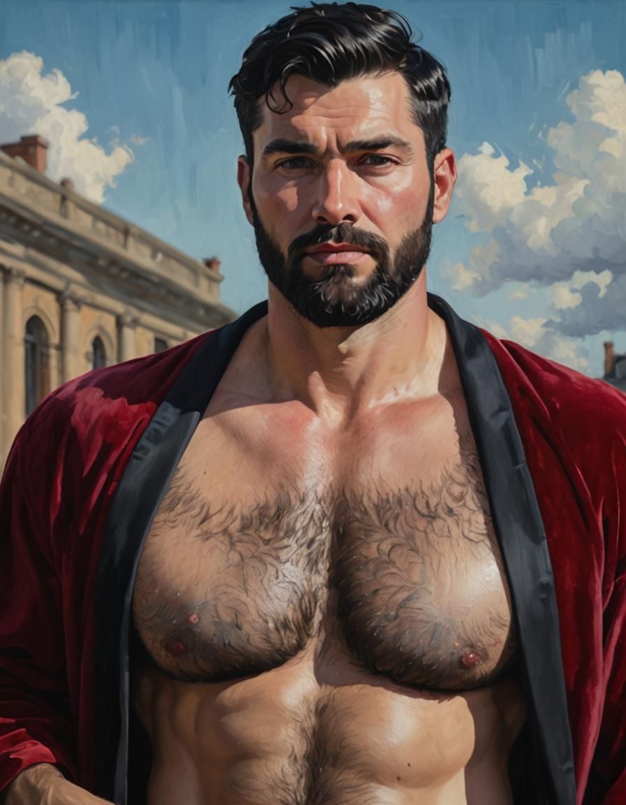 Bearded Man in Red Robe: Impasto Oil Painting