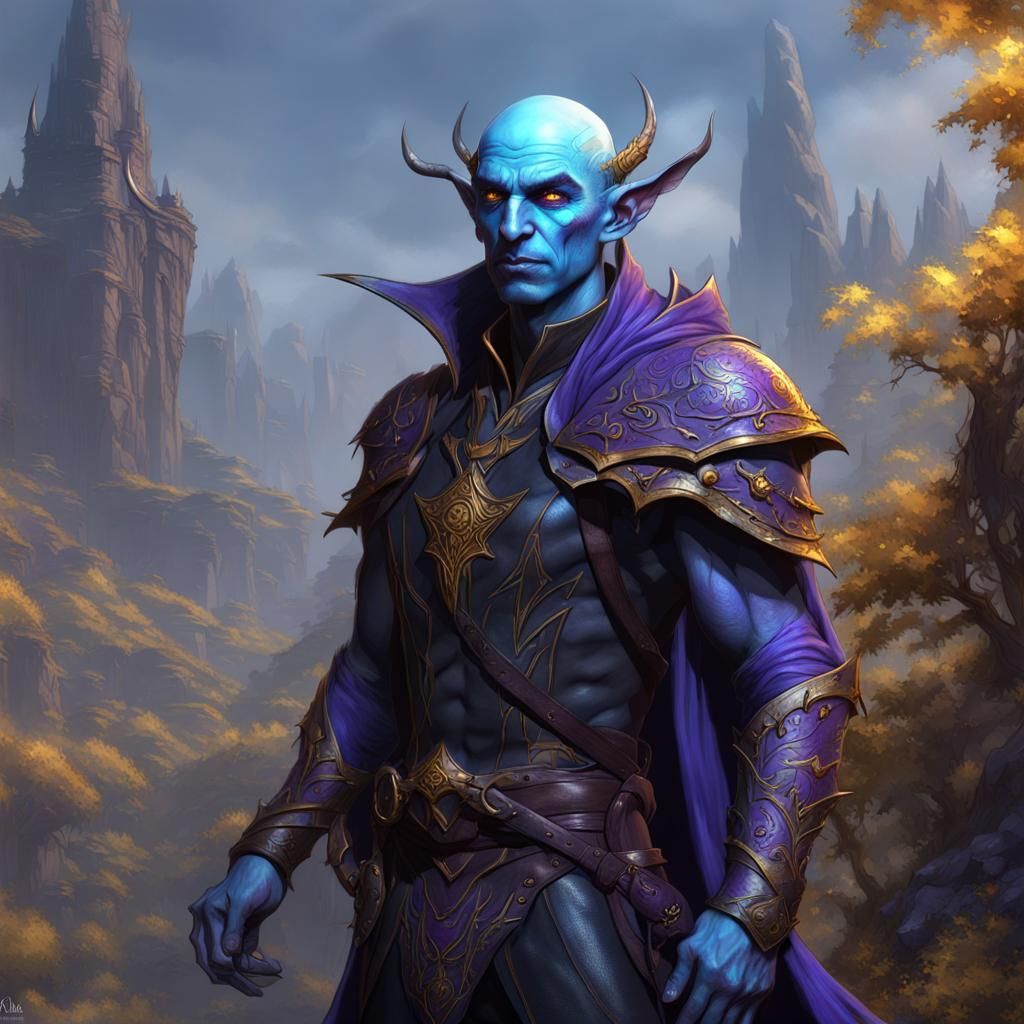 Male Blue-skinned unseelie elf wearing tight leather
