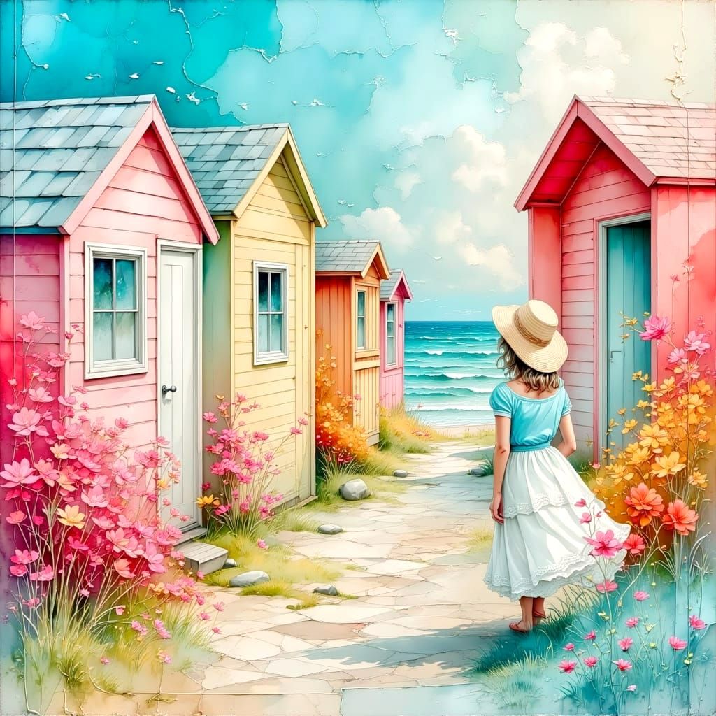Dreamlike Triptych with Beach Huts in Pastel Oil