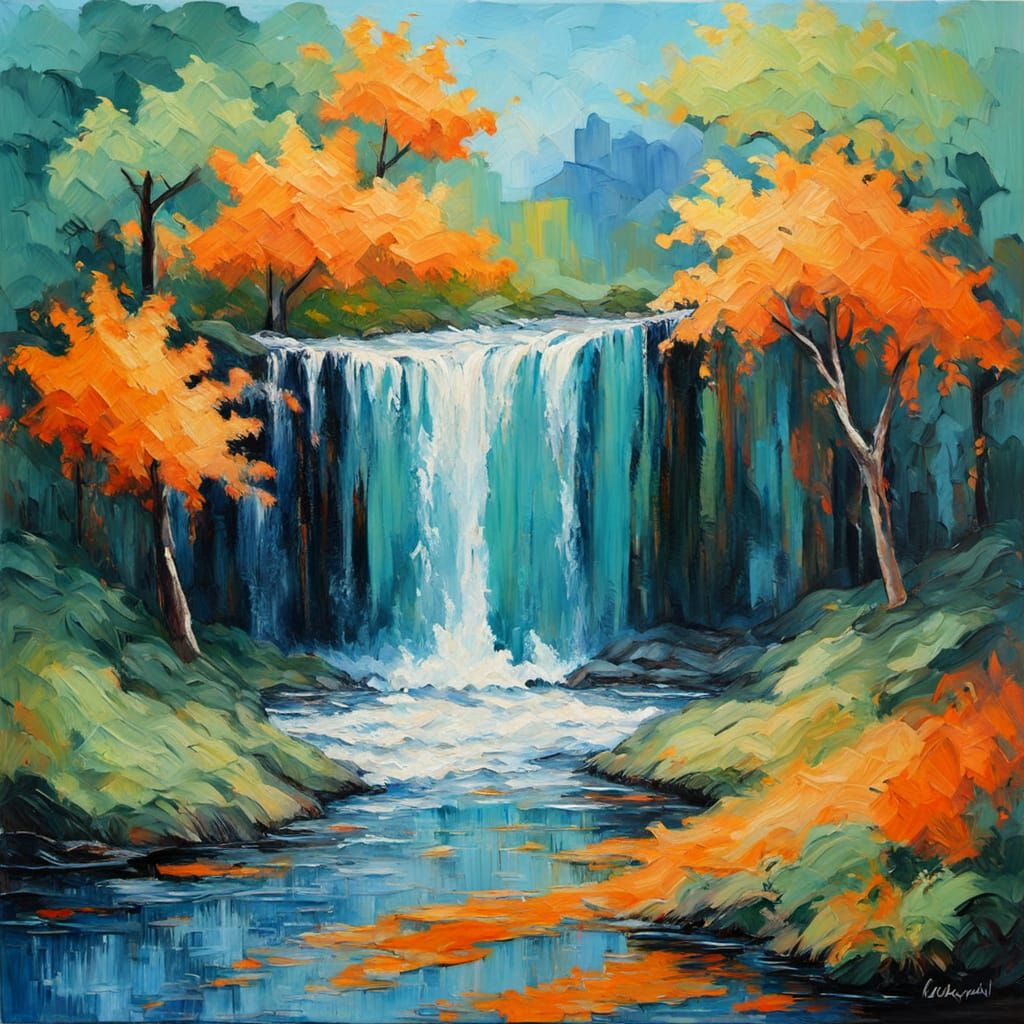 Dramatic Waterfall in Expressionist Oil Painting Style