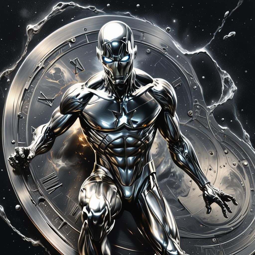 Silver Surfer Portrait in Charcoal with Clockwork Details