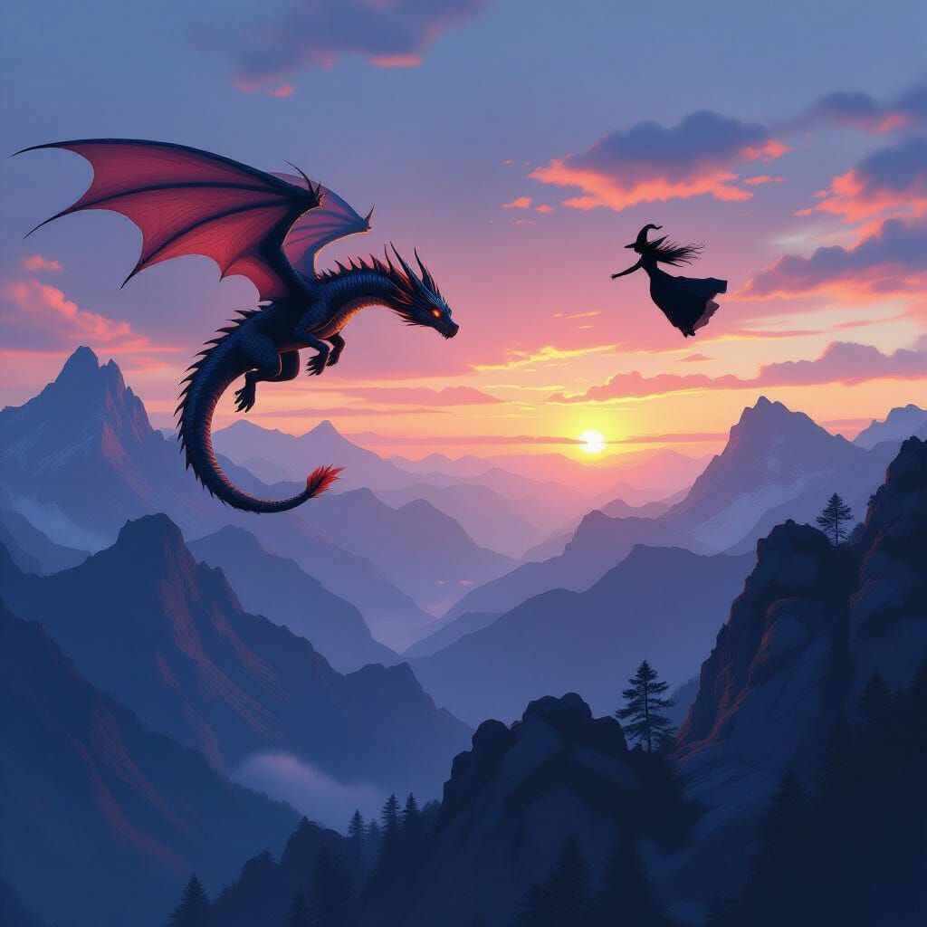 Dragon and Witch Chase in Twilight, Double Exposure