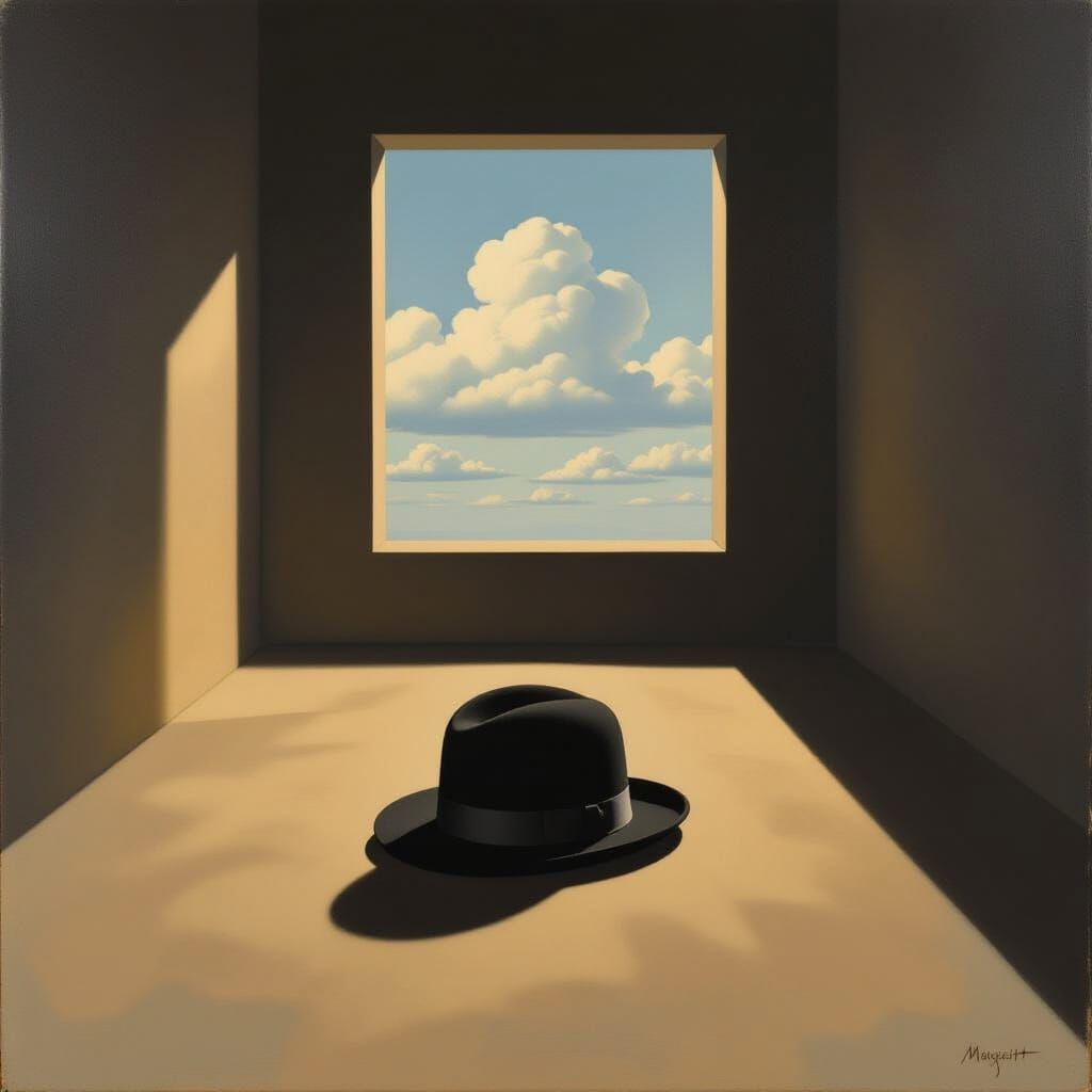 Surrealist Painting of Floating Bowler Hat in Empty Room