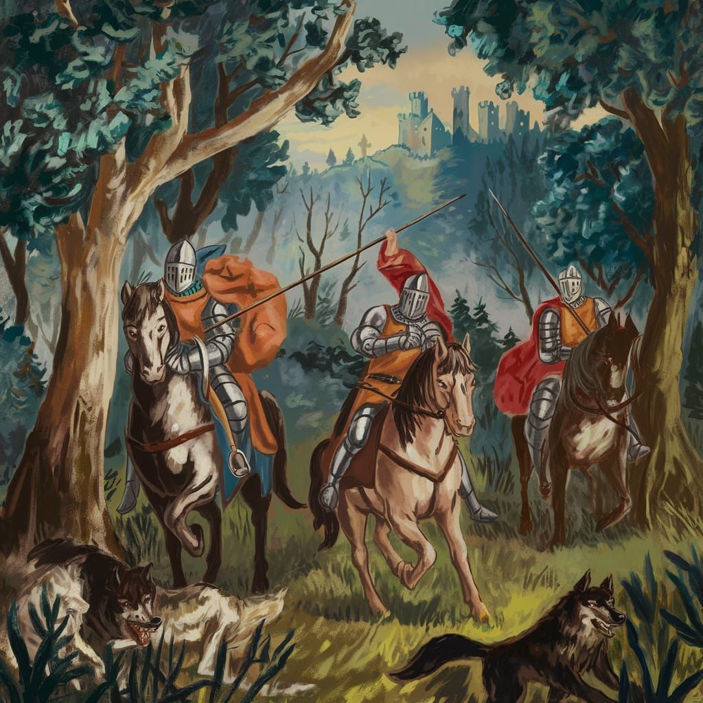 Medieval Knights Hunting Wolves in Misty Forest