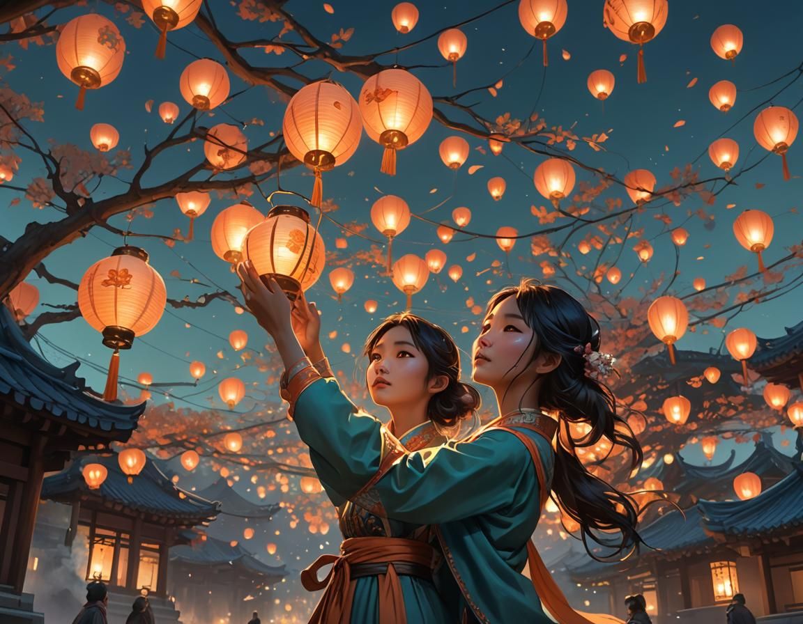 Young Girl Releases Lantern into Glowing Sky
