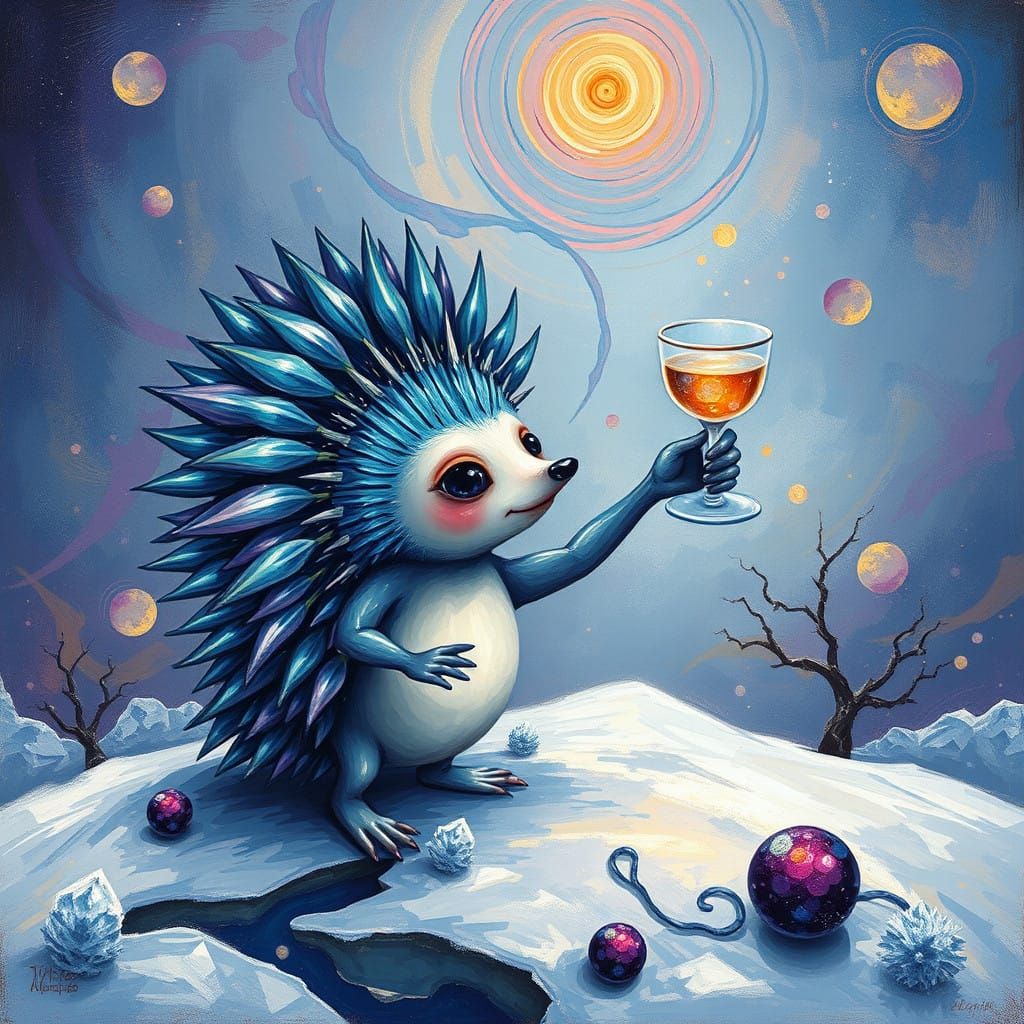 Surreal Winter Landscape with Whimsical Alien Hedgehog