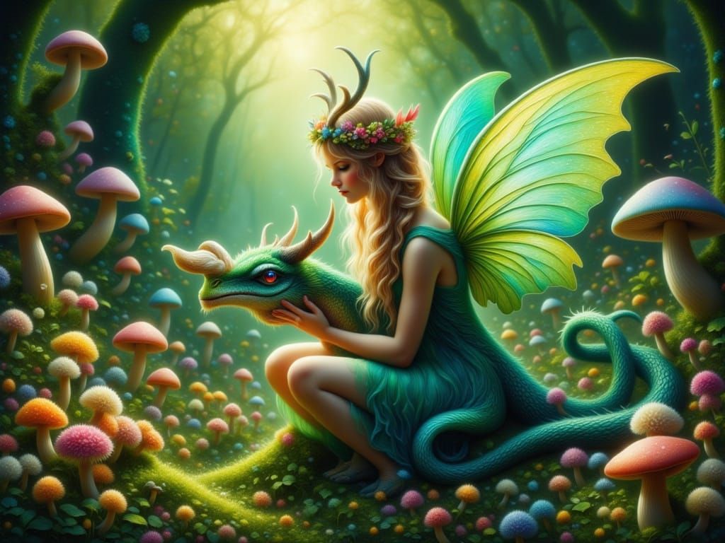 Fairy Feeds Jade Dragon on Giant Mushroom in Detailed Fantas...