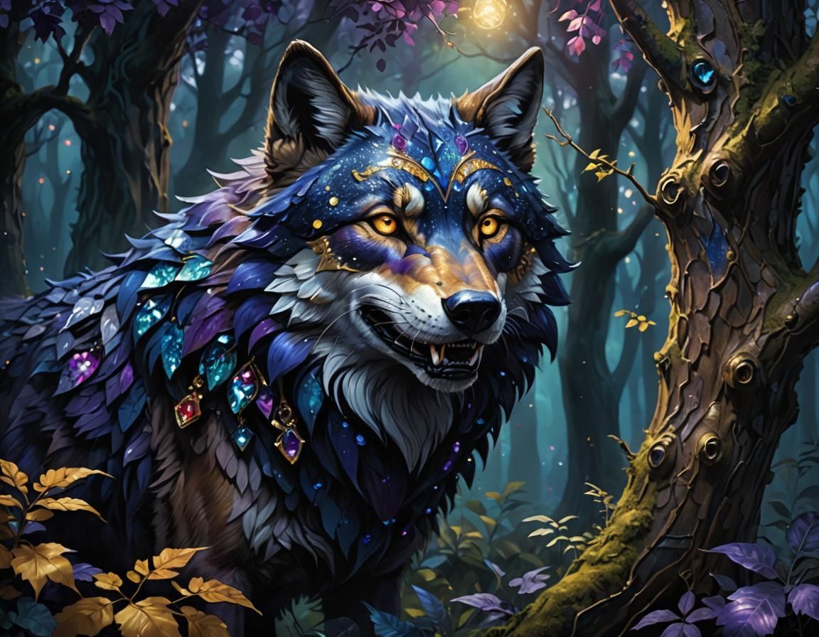 Bejeweled Wolf with Evil Grin in Misty Forest