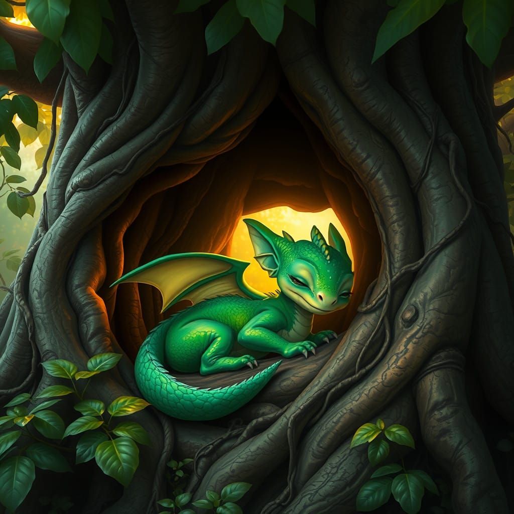 Sleeping Green Baby Dragon in Jungle Tree Sanctuary