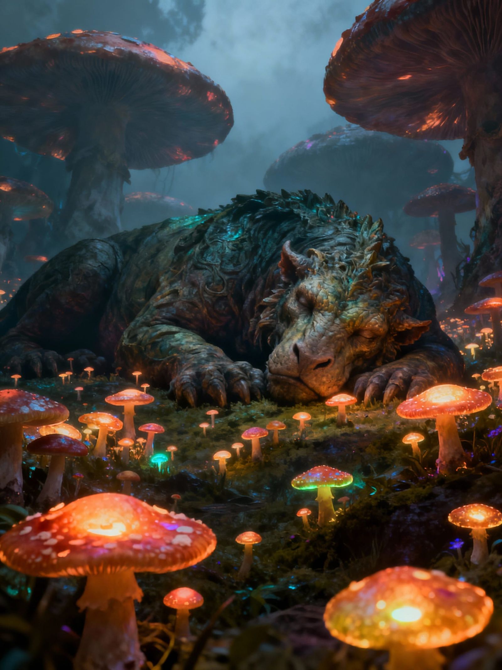 Ancient Beast Sleeps Among Giant Bioluminescent Mushrooms