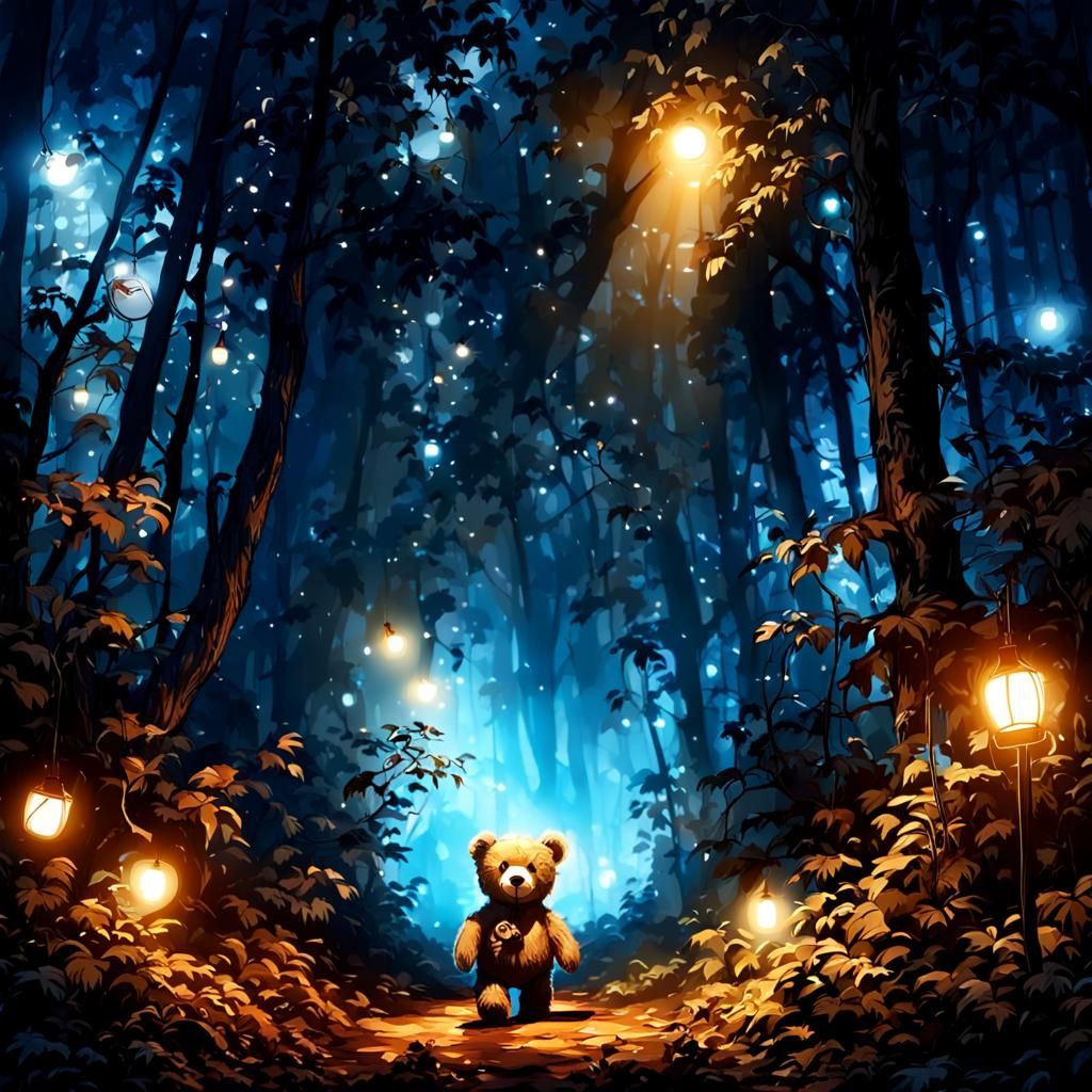 Giant Teddy Bear Walks Through Dark Forest