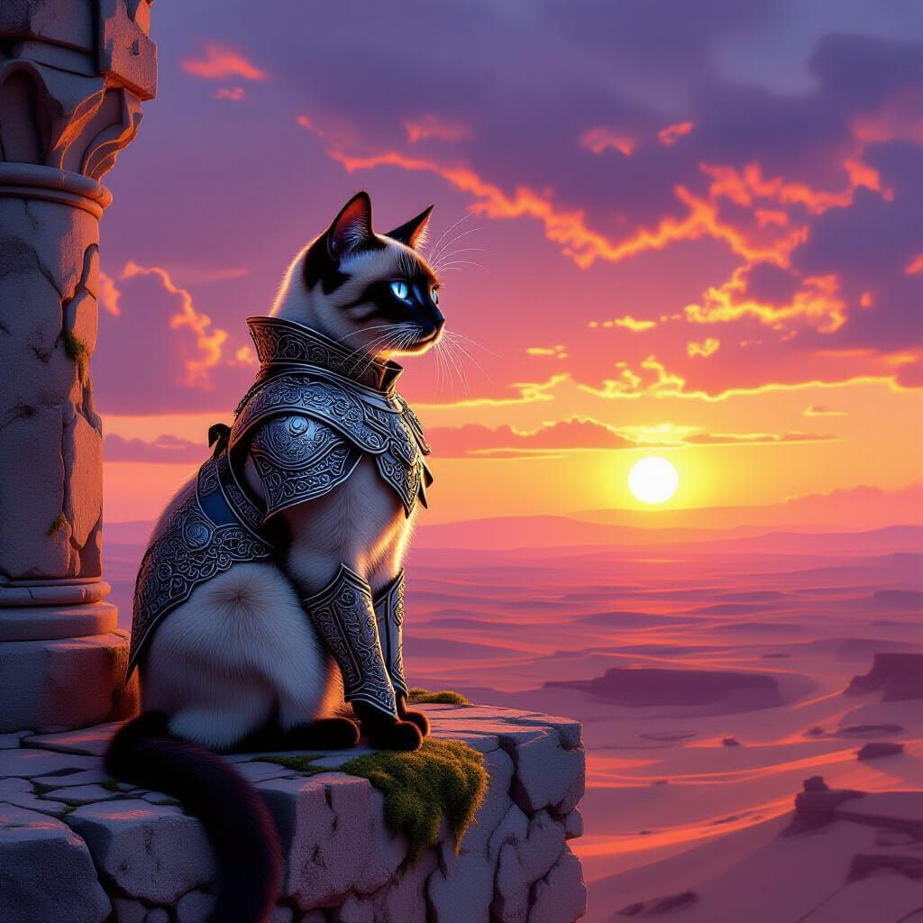 Siamese Cat Knight Guarding Alien Desert at Binary Sunset