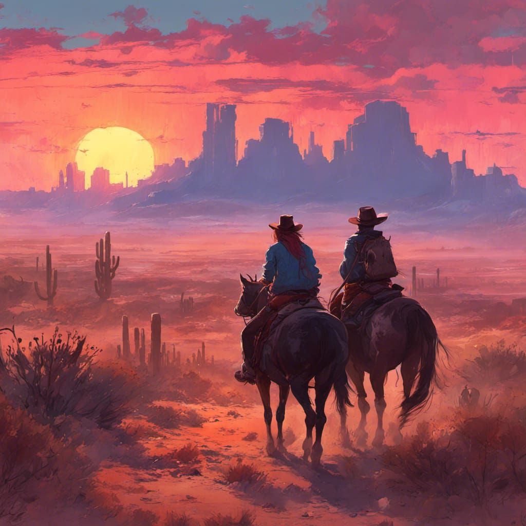 Cowboy and Cowgirl Ride into a Desert Sunset