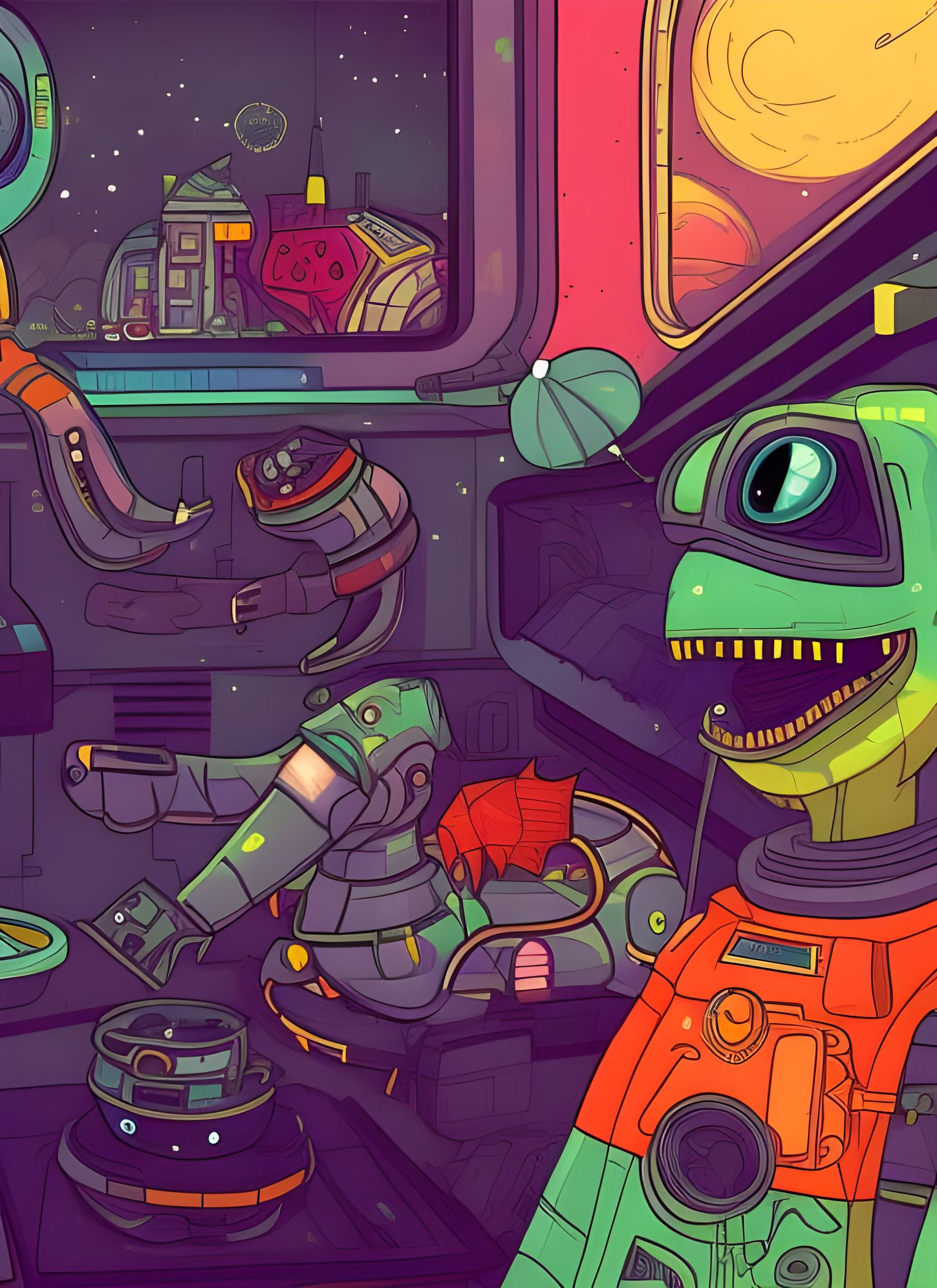 Cyberpunk Dinosaur on Steampunk Train