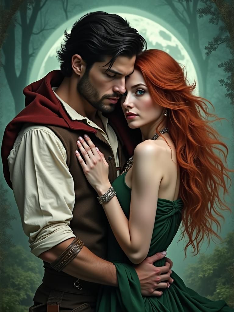 Moonlit Embrace in Mystical Green Forest