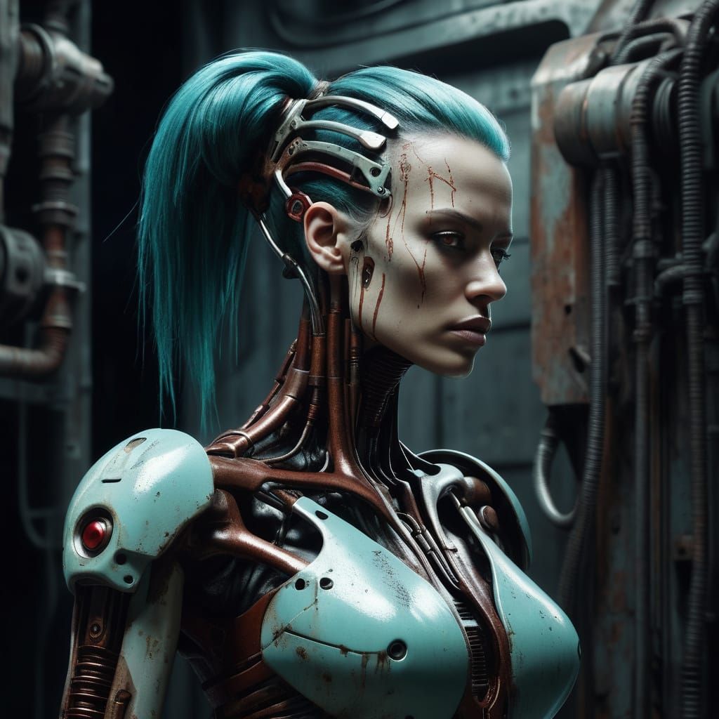 Cyberpunk Cyborg with Teal Hair in Biomechanical Art