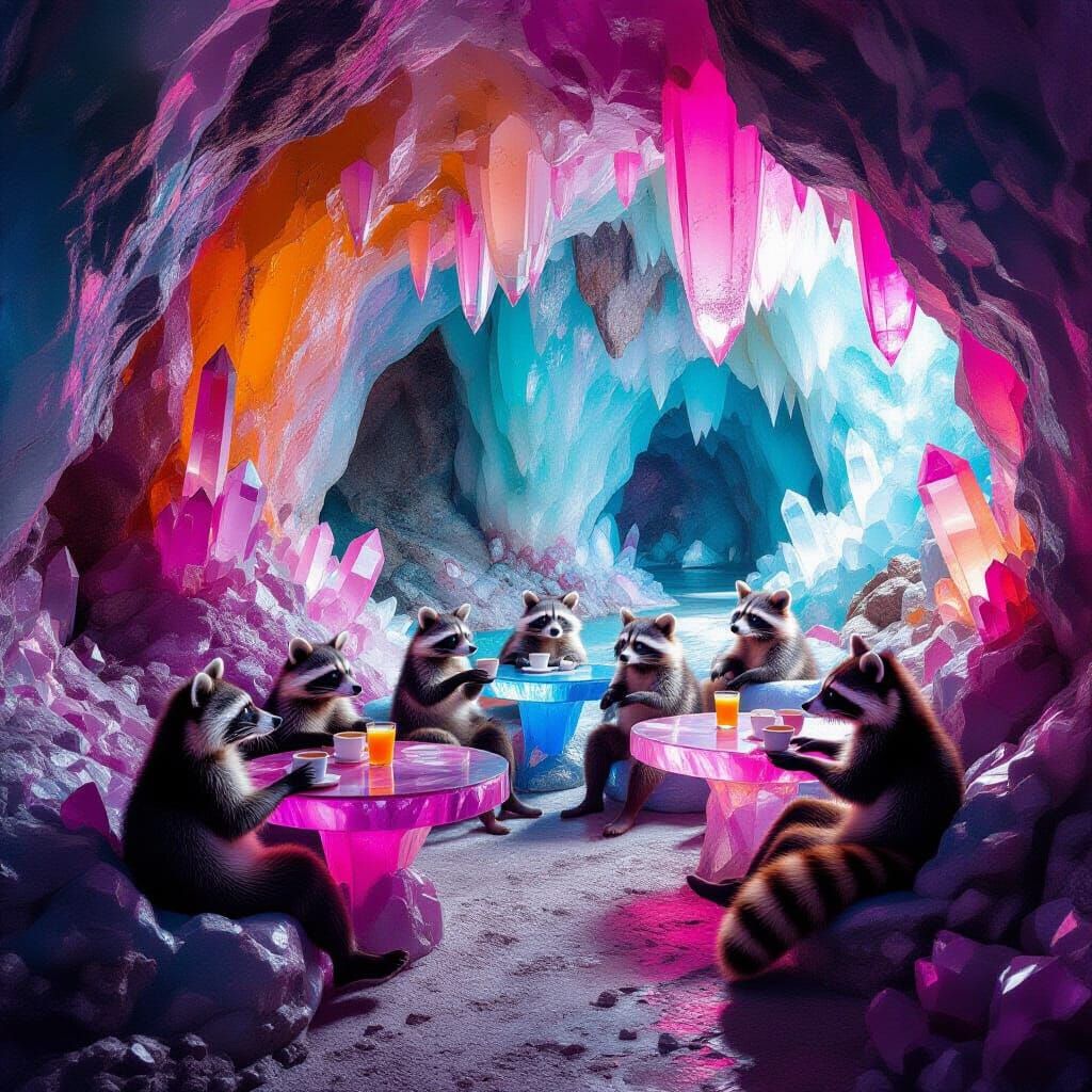 Raccoons Enjoy Coffee In Crystal Cavern Cafe