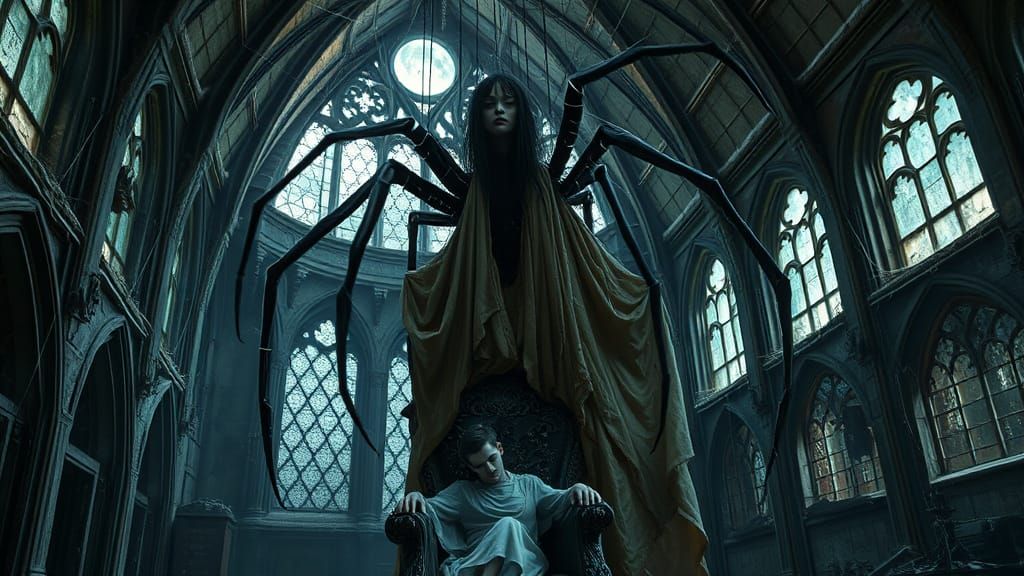Gothic Spider-Woman Descends from Castle Ceiling in Dark, Ir...