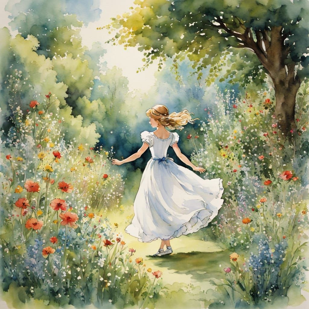 Girl Dancing in Summer Garden Watercolor