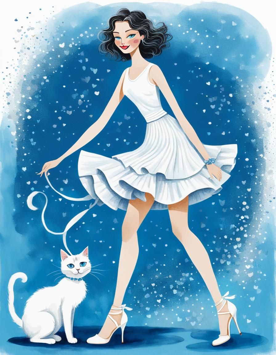 Stylish Woman with Cat: Whimsical Illustration