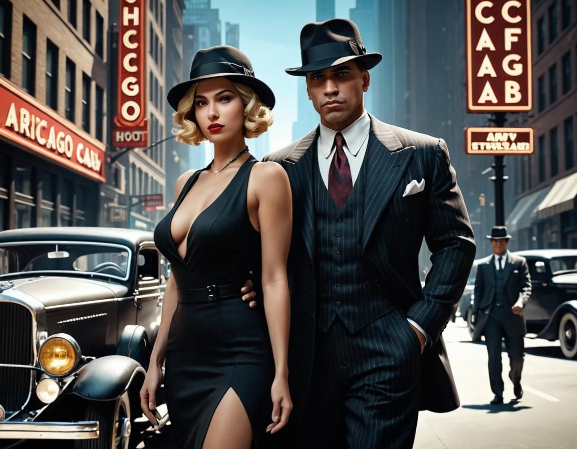 Chicago Gangster and Girlfriend: 1920s Cinematic Still