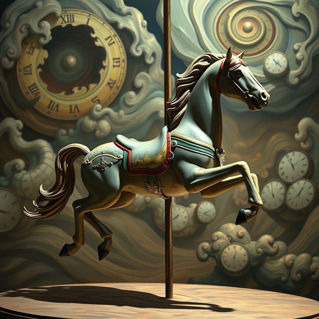 Vintage Carousel Horse in a Surreal Dreamscape