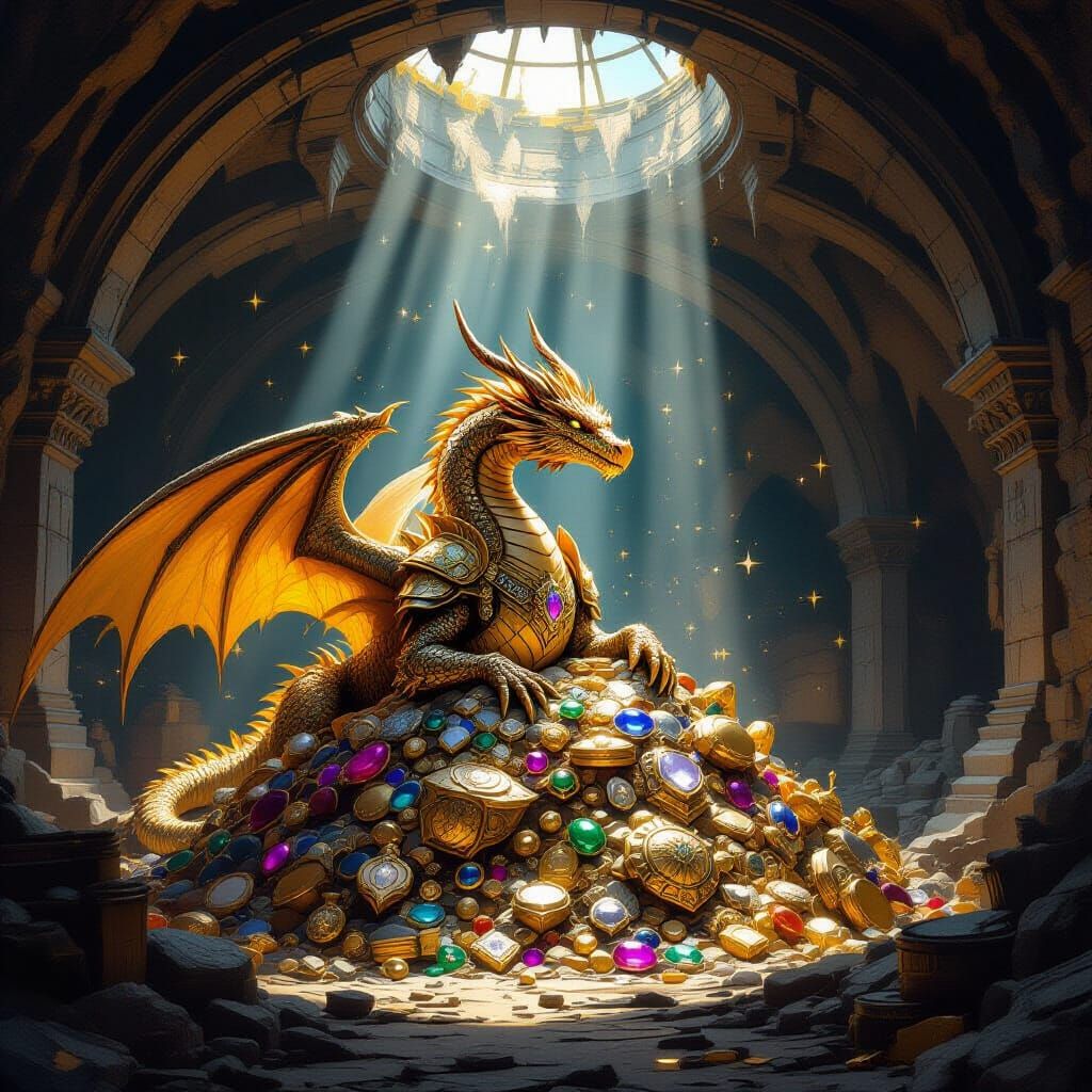 Gold Dragon Guards Treasure in Dim Vault