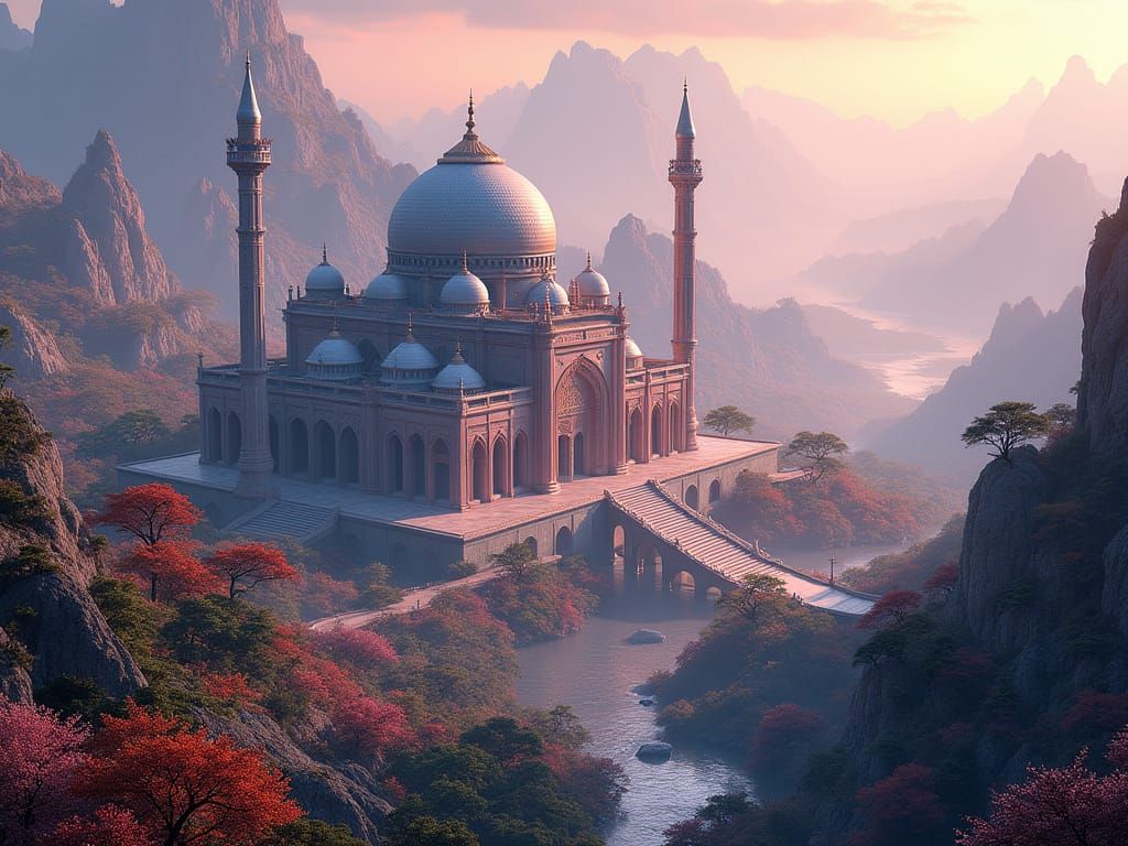 Majestic Asian Mosque Amidst Vibrant Mountainscape