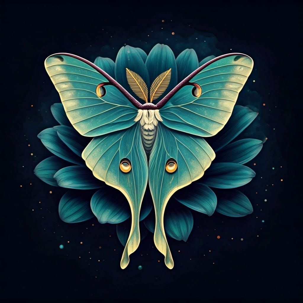 Ethereal Luna Moth on Cosmic Watercolor Bloom