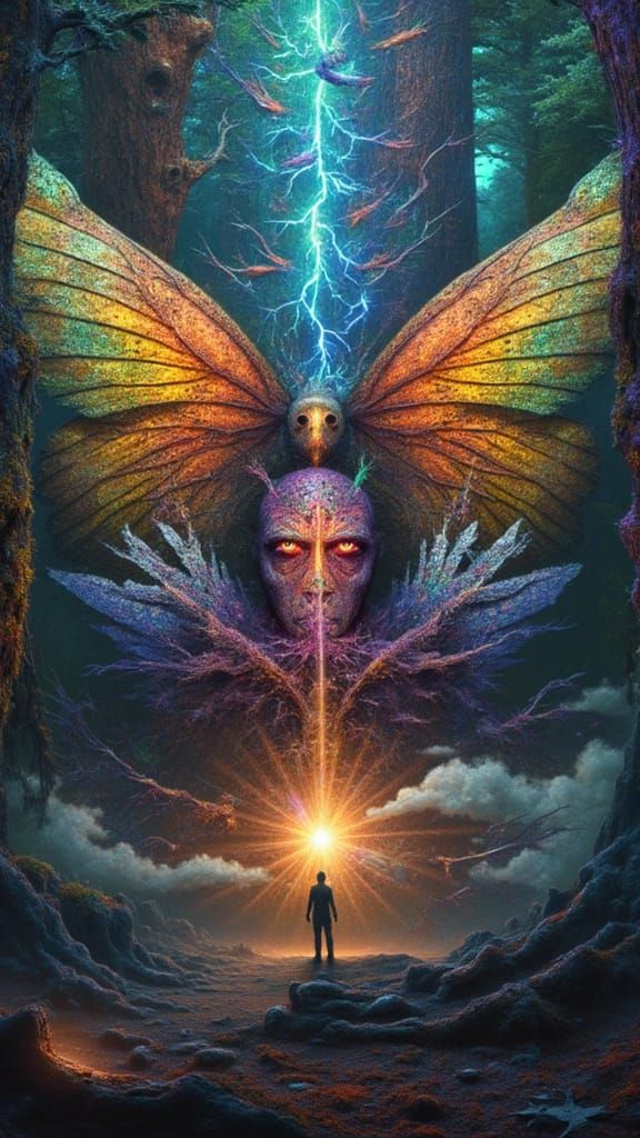 Surreal Man in Moth Costume Amidst Fractal Landscape