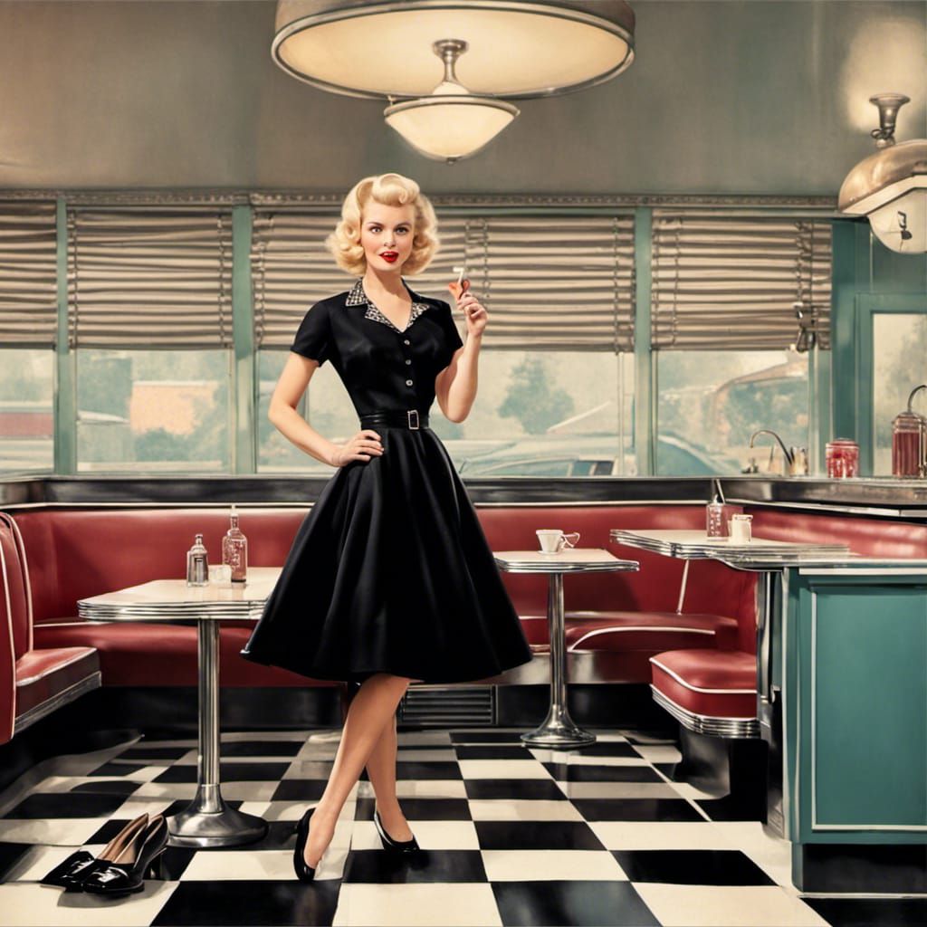 1950s Woman in Diner Wearing a Black Swing Dress