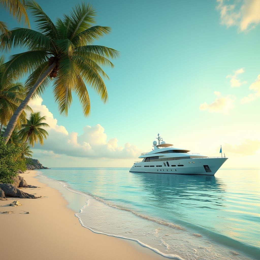 Vibrant 3D Summer Scene with Luxury Yacht and Tropical Beach