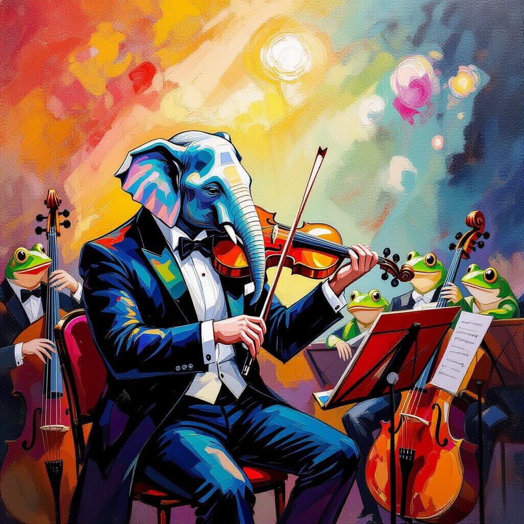 Elephant Violinist at Frog Concert in Impressionist Style