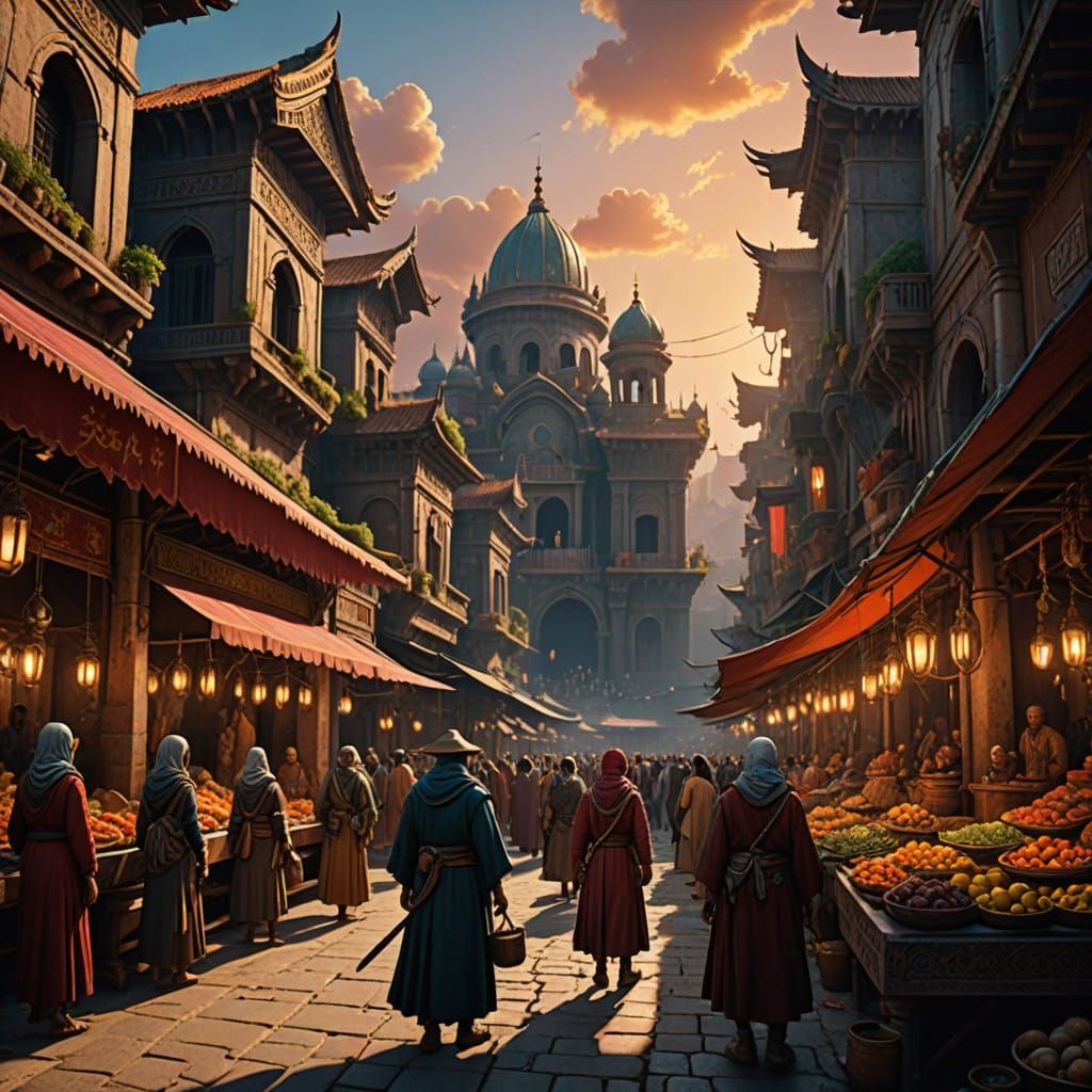 Bustling Market Scene in Vibrant Sunset Light