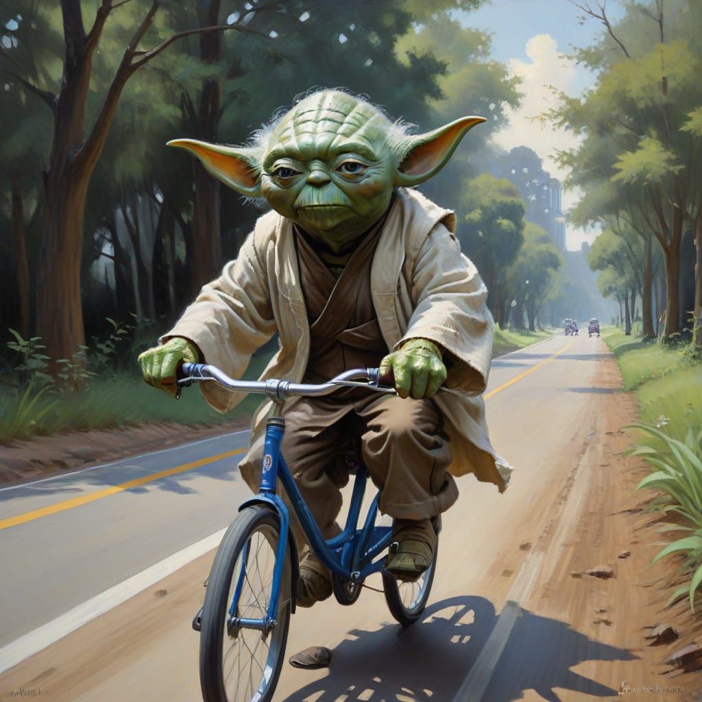 Yoda riding a bicycle